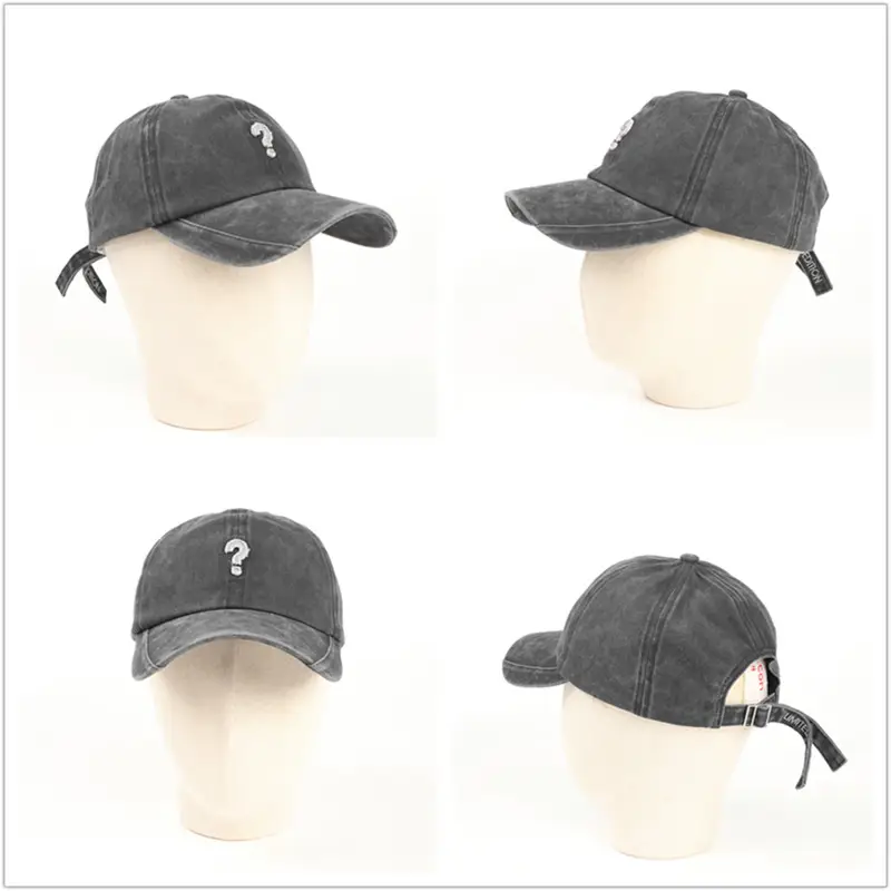 Retro Wash Denim Cap with Question Mark Embroidery