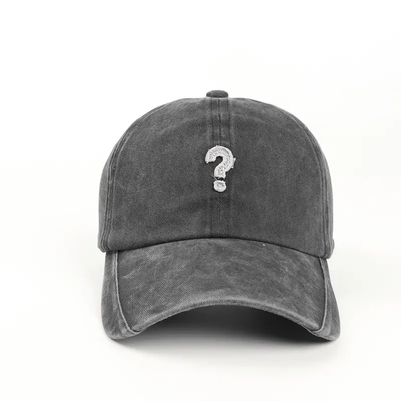 Retro Wash Denim Cap with Question Mark Embroidery