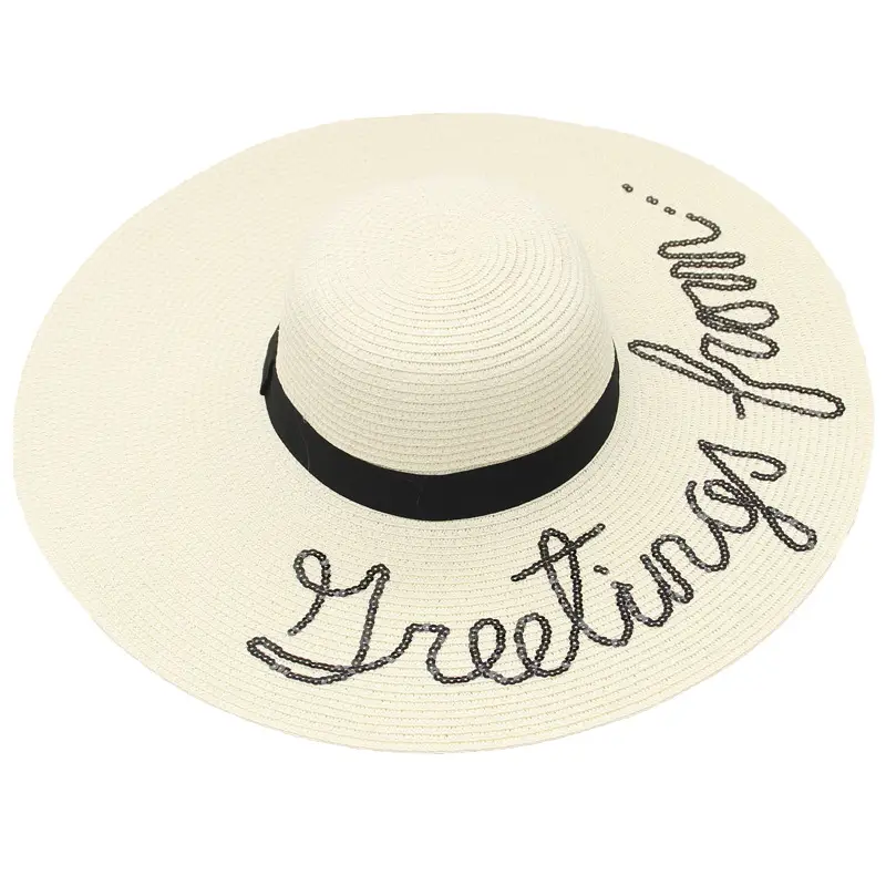 Beige Wide Brim Straw Hat for Women with Sequins