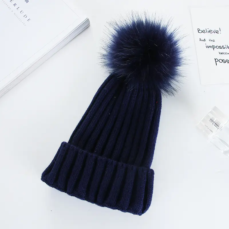 Women Knitted Winter Hats with Fur Pom Pom Colors