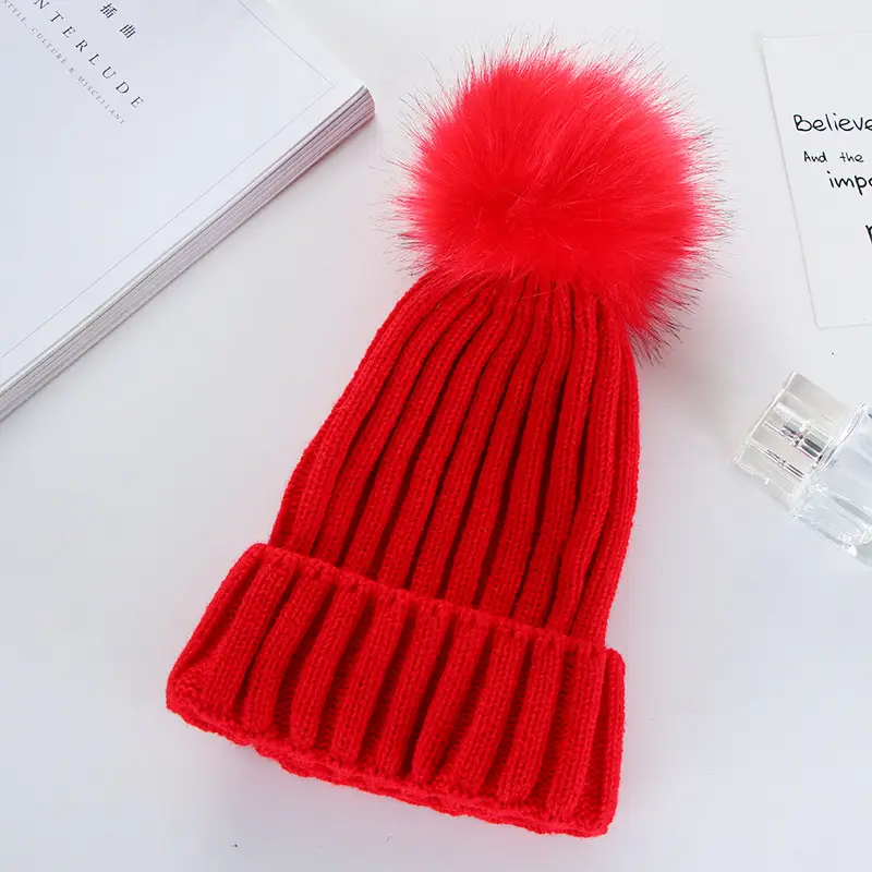 Women Knitted Winter Hats with Fur Pom Pom Colors
