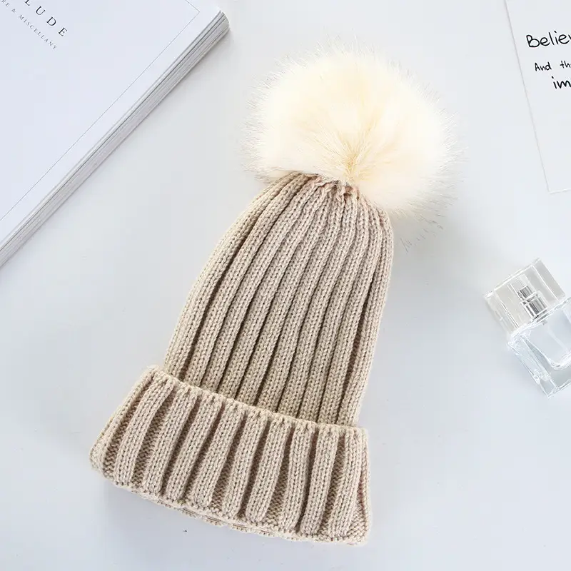 Women Knitted Winter Hats with Fur Pom Pom Colors