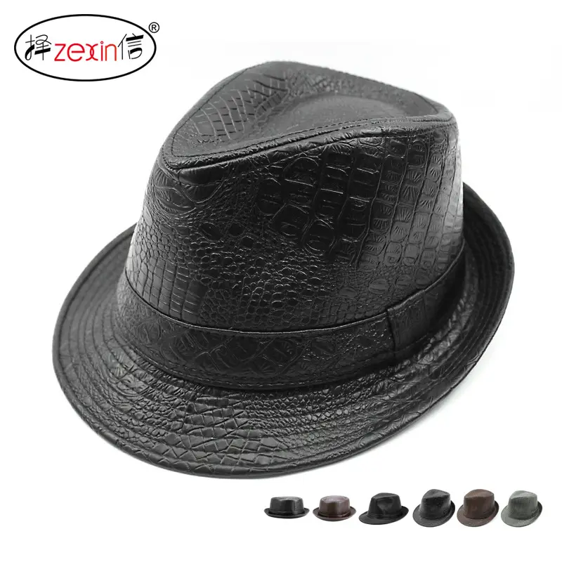 Black Croc PU Leather Men's Hat with Adjustable Strap