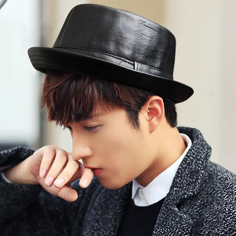Black Croc PU Leather Men's Hat with Adjustable Band