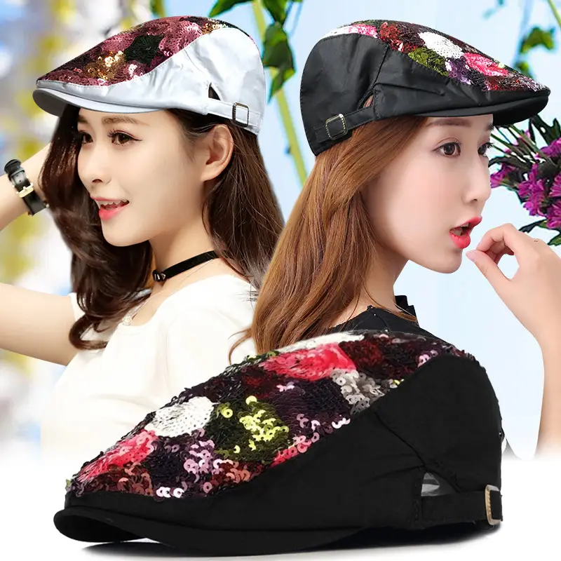 Floral Sequin Cap Adjustable Strap for Women Spring Autumn