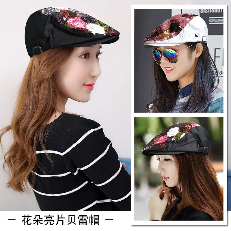 Floral Sequin Cap Adjustable Strap for Women Spring Autumn