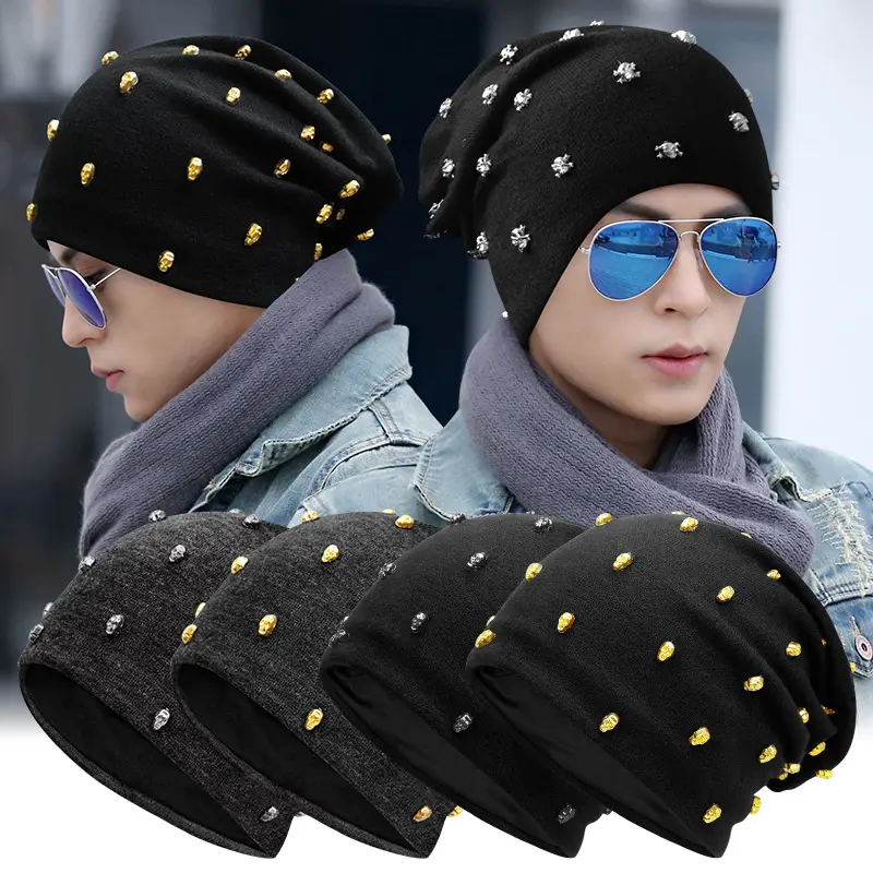 Black Gold Skull Rivet Knit Beanie Hat for Men Women Autumn Winter