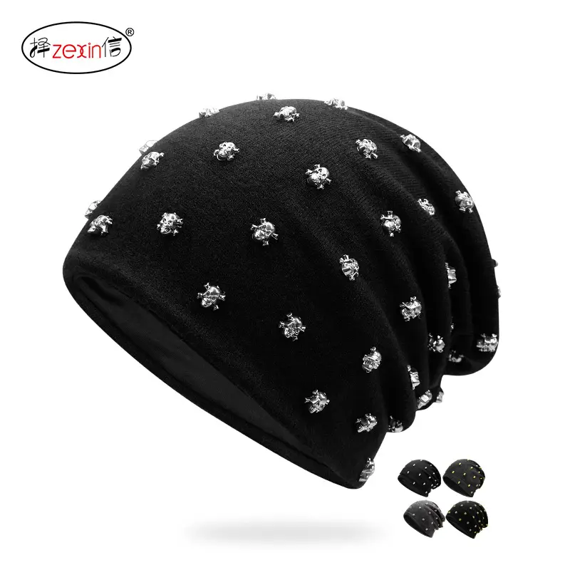 Black Gold Skull Rivet Knit Beanie Hat for Men Women Autumn Winter