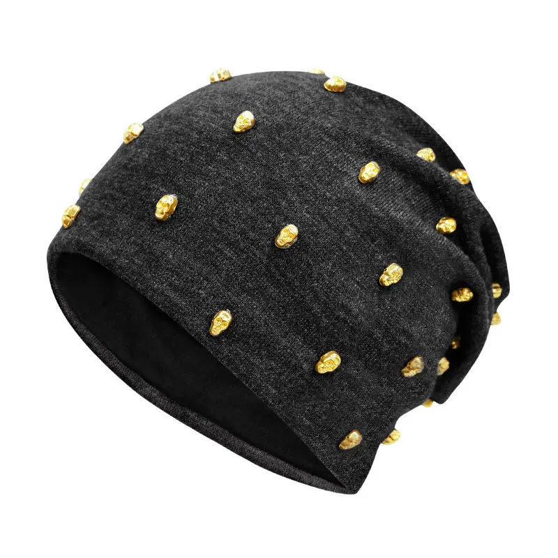 Black Gold Skull Rivet Knit Beanie Hat for Men Women Autumn Winter
