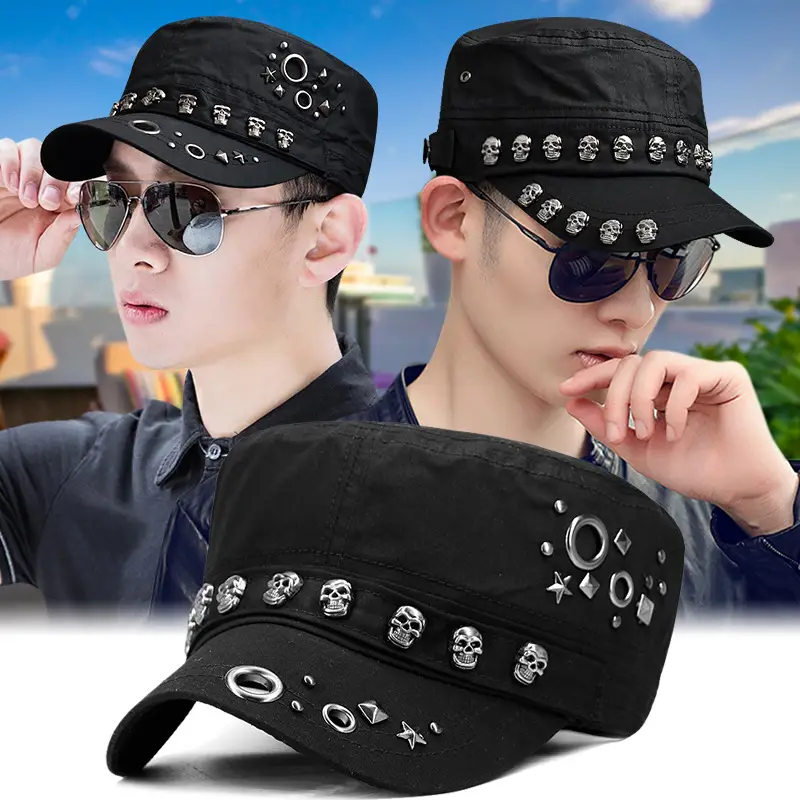 Black Skull Rivet Flat Top Hat for Men Women Street Style