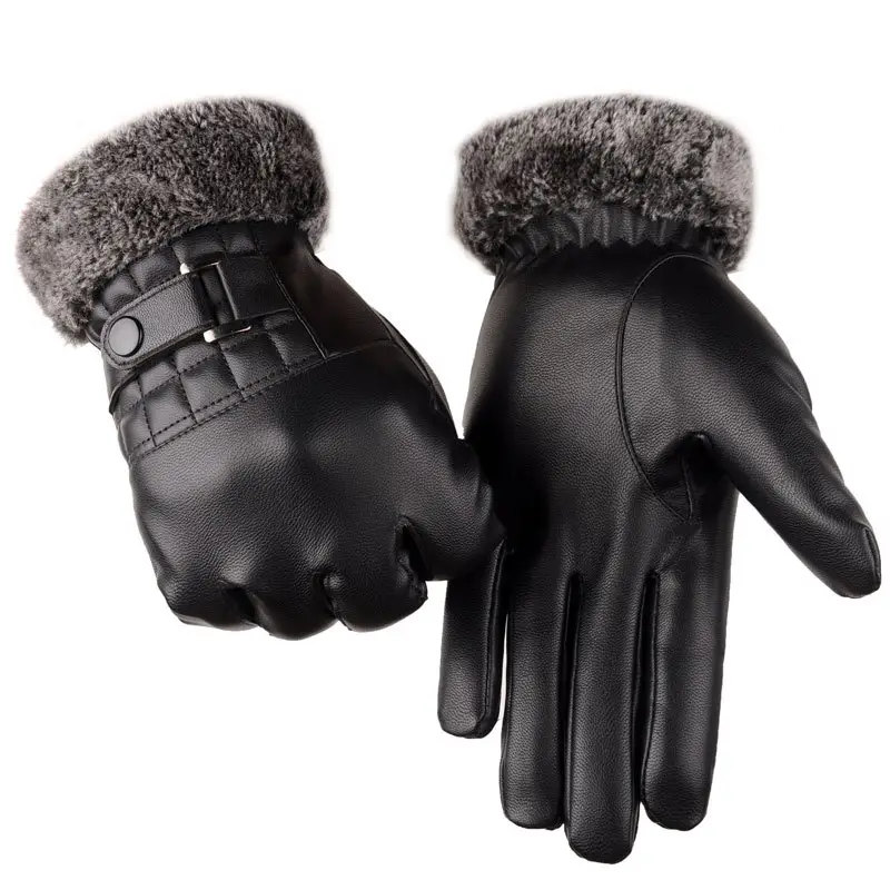 Men's Black Leather Winter Gloves with Touch Screen & Buckle
