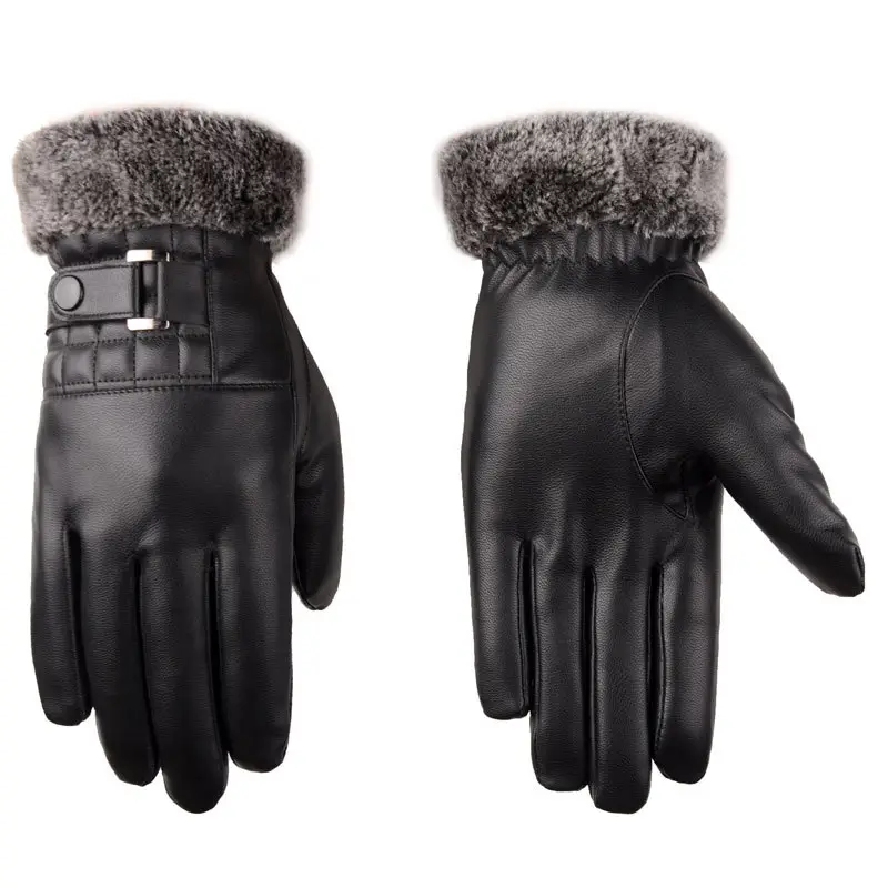 Men's Black Leather Winter Gloves with Touch Screen & Buckle