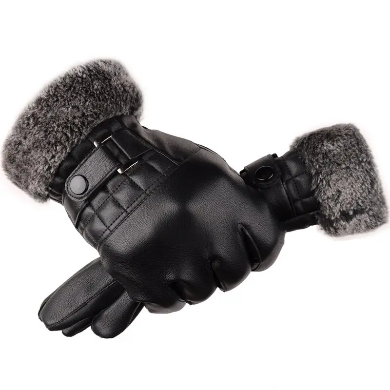 Men's Black Leather Winter Gloves with Touch Screen & Buckle
