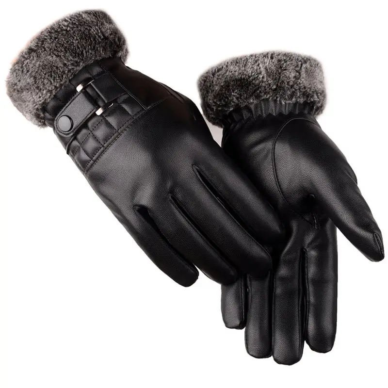 Men's Black Leather Winter Gloves with Touch Screen & Buckle