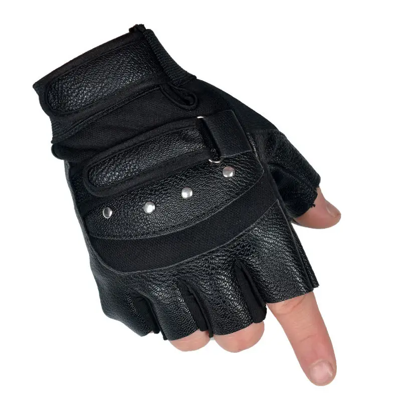 Black Half-Finger Gloves for Men Women PU Leather Sports Fitness