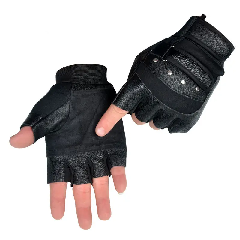 Black Half-Finger Gloves for Men Women PU Leather Sports Fitness