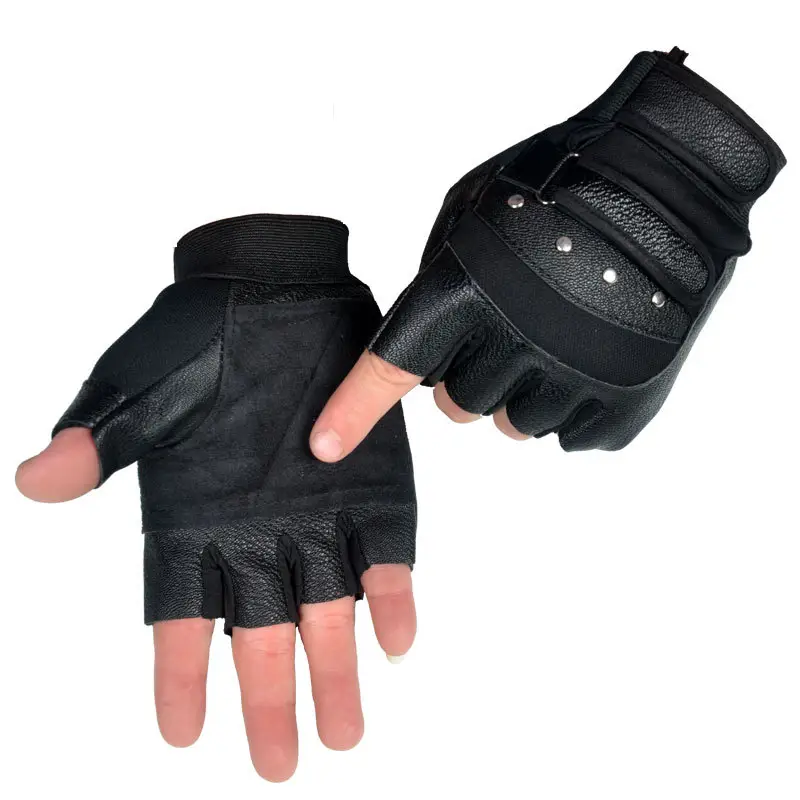 Black Half-Finger Gloves for Men Women PU Leather Sports Fitness