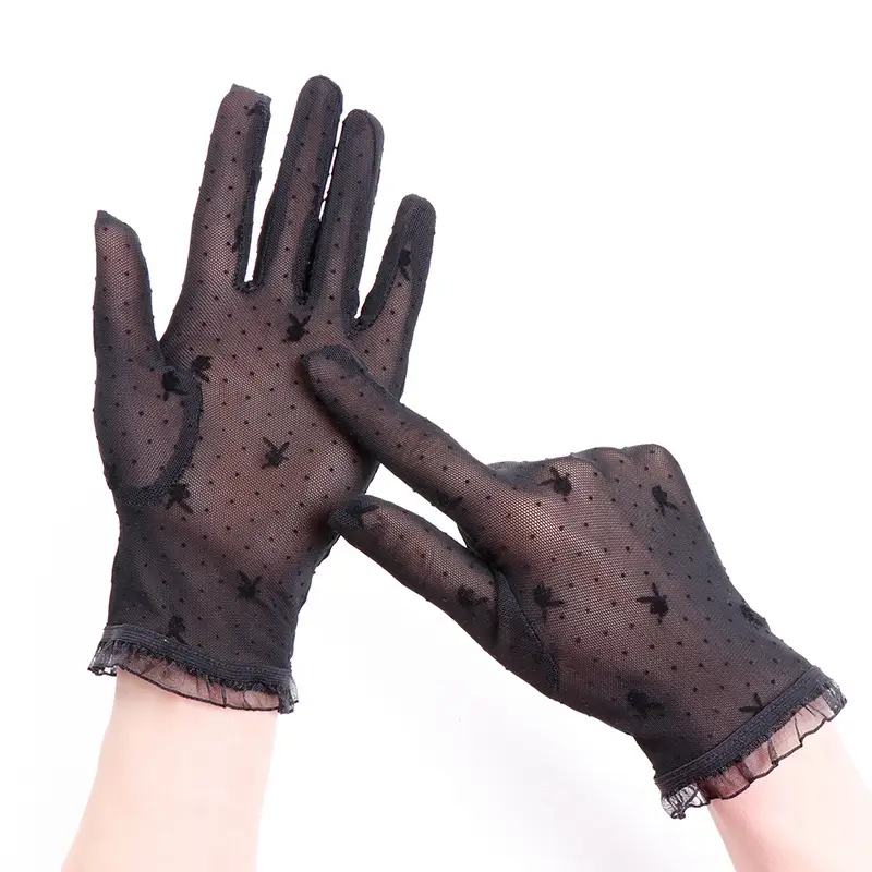 Black Stretch Lace Gloves for Women Wedding Party Wear
