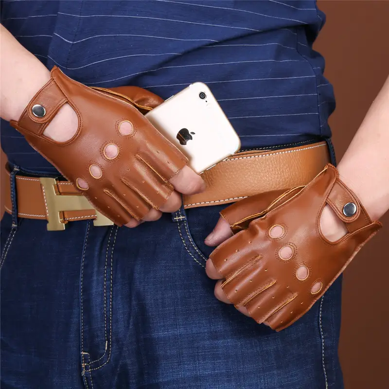 Sheepskin Gloves for Men Brown Open Finger Design