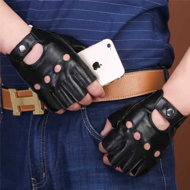 Sheepskin Gloves for Men Brown Open Finger Design
