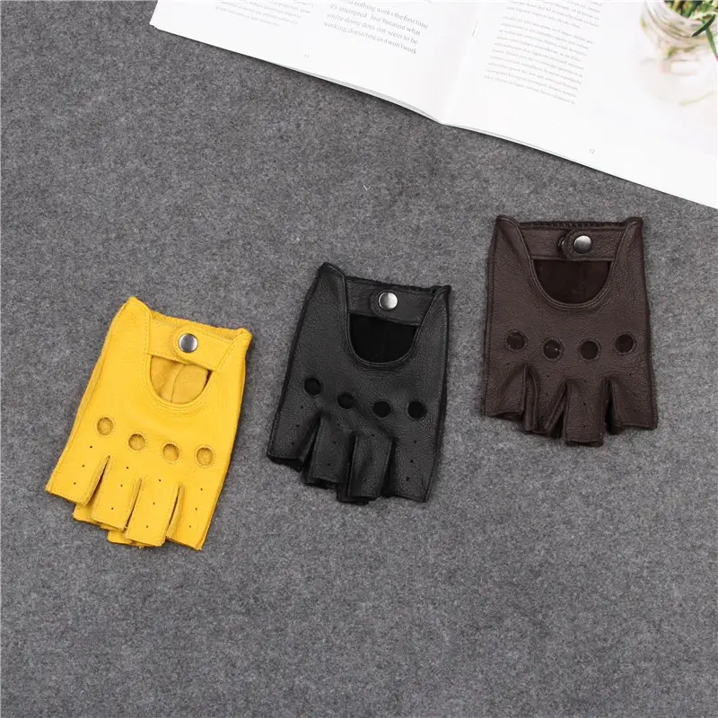 Sheepskin Gloves for Men Brown Open Finger Design