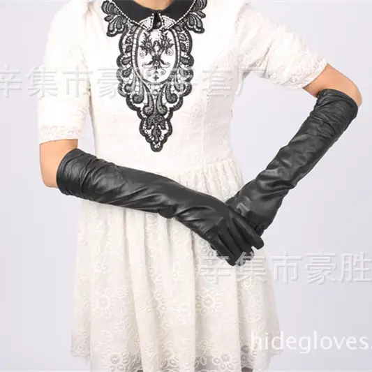 Black Leather Long Gloves for Women Wedding Party Office Wear