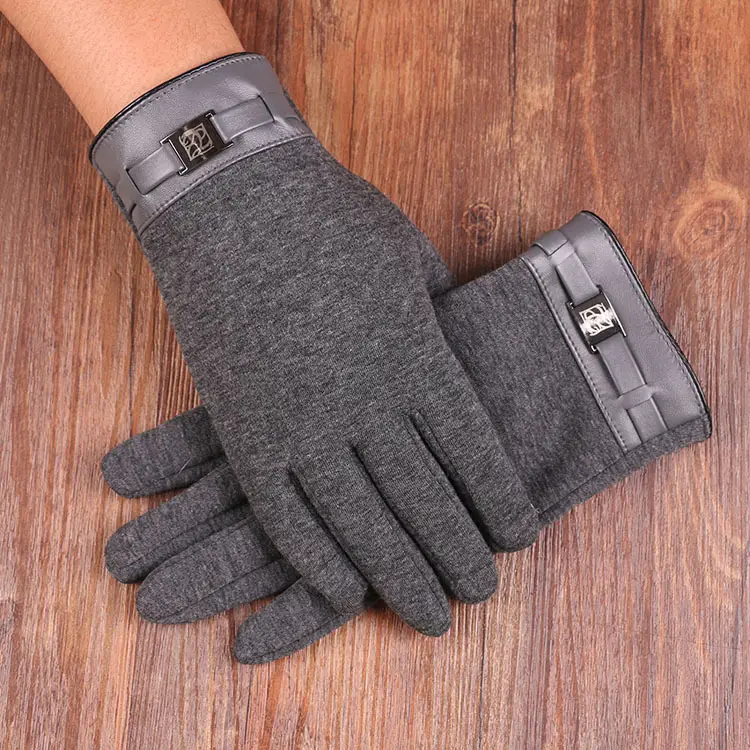Men's Touch Screen Winter Gloves Gray Leather Cuff