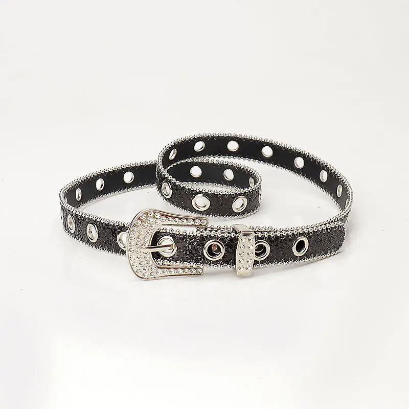 Women Rhinestone Belt Sparkly Silver Buckle Denim Skirt Accessory