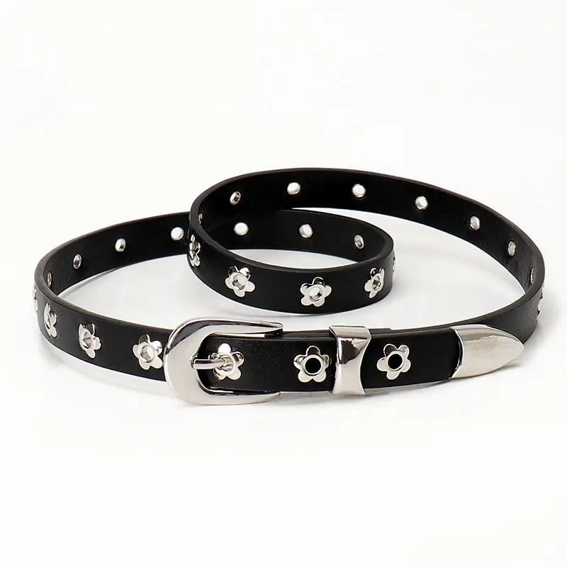 Women Floral Buckle Belt Black Brown Beige