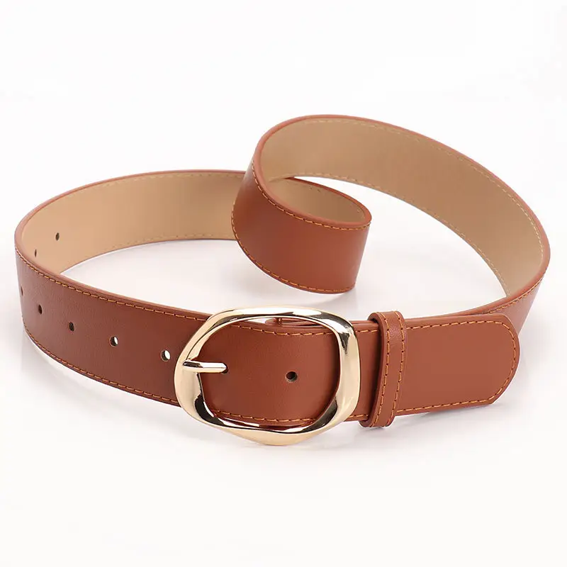 Women PU Wide Belt with Oval Buckle, Brown Tan Black