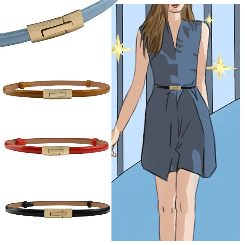 Women's Korean Style Waist Belt with Gold Buckle, Adjustable, Multi-Color Leather
