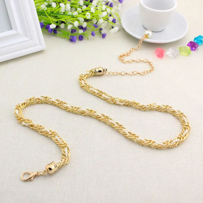 Women Pearl Waist Chain Black Gold Fashion Belt