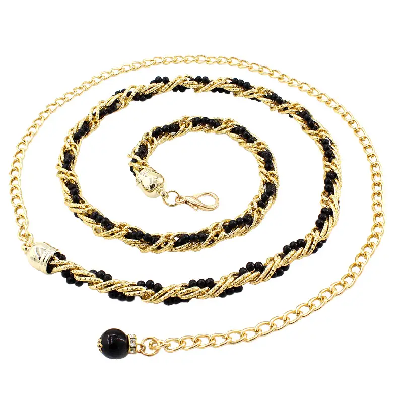 Women Pearl Waist Chain Black Gold Fashion Belt