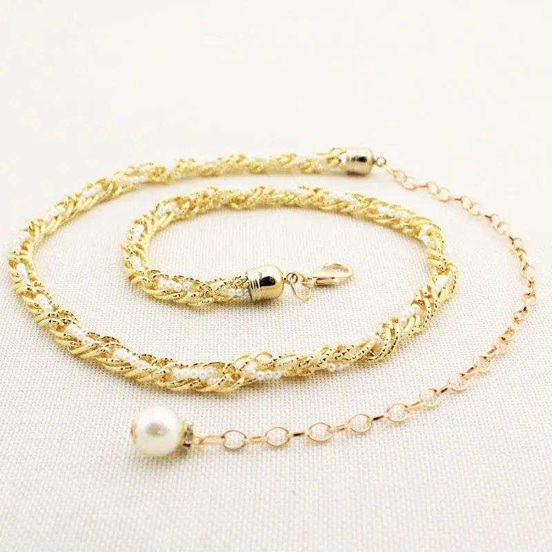 Women Pearl Waist Chain Black Gold Fashion Belt