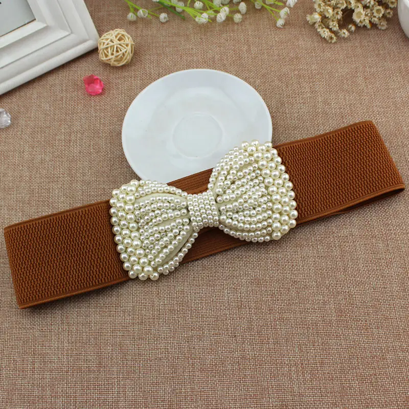 Women Elastic Waist Belt with Pearl Bow Pink