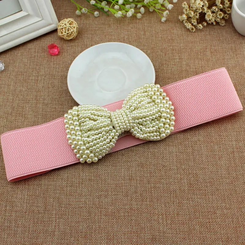 Women Elastic Waist Belt with Pearl Bow Pink