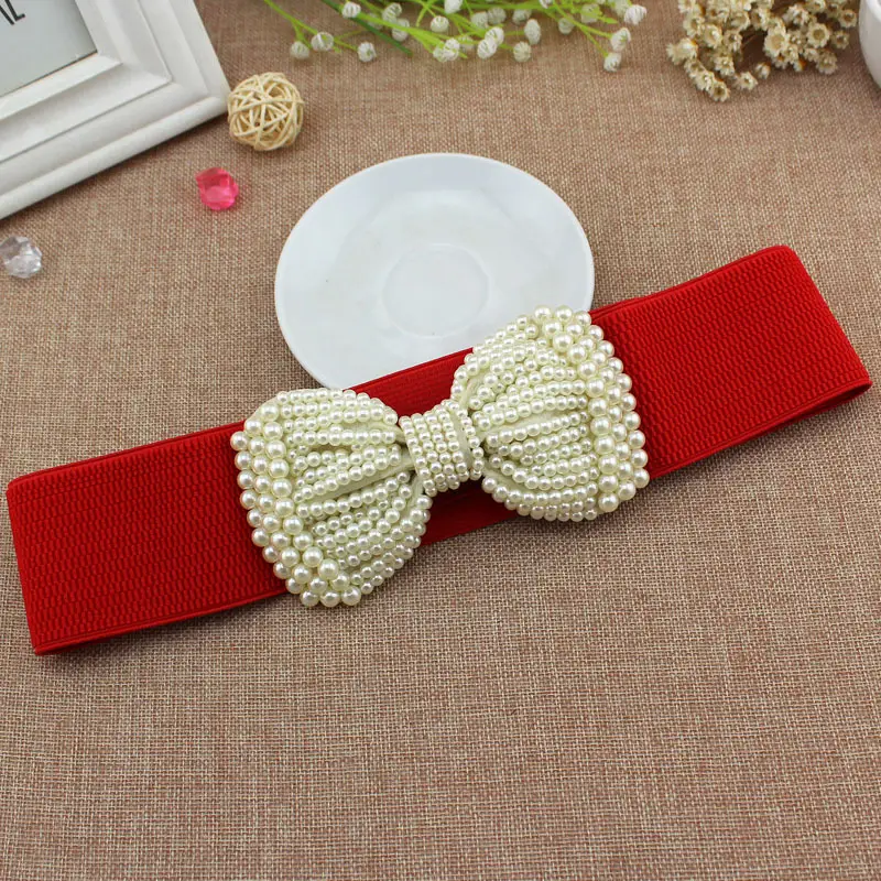 Women Elastic Waist Belt with Pearl Bow Pink