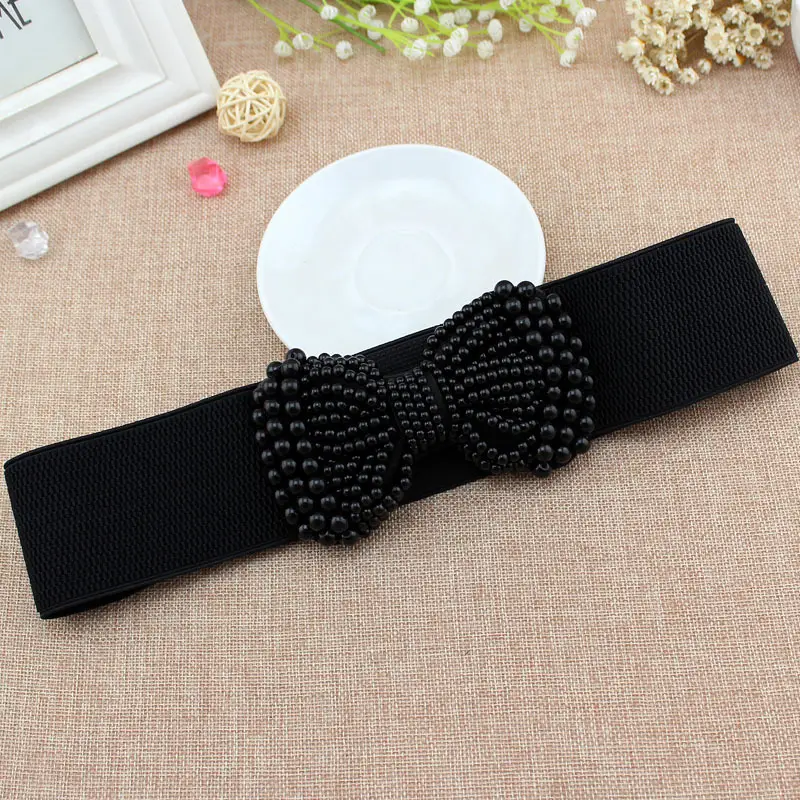 Women Elastic Waist Belt with Pearl Bow Pink