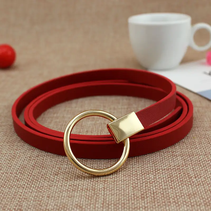 Women Black Leather Belt with Gold Ring Buckle