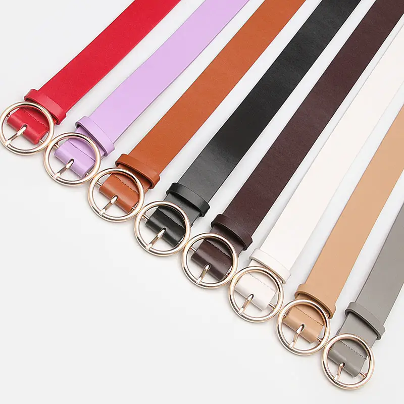 Women Round Buckle Casual Jeans Belt Purple Brown