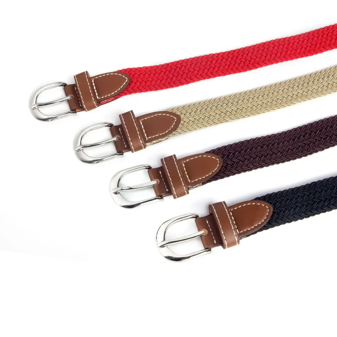 Women Elastic Canvas Belt Light Blue White Pin Buckle