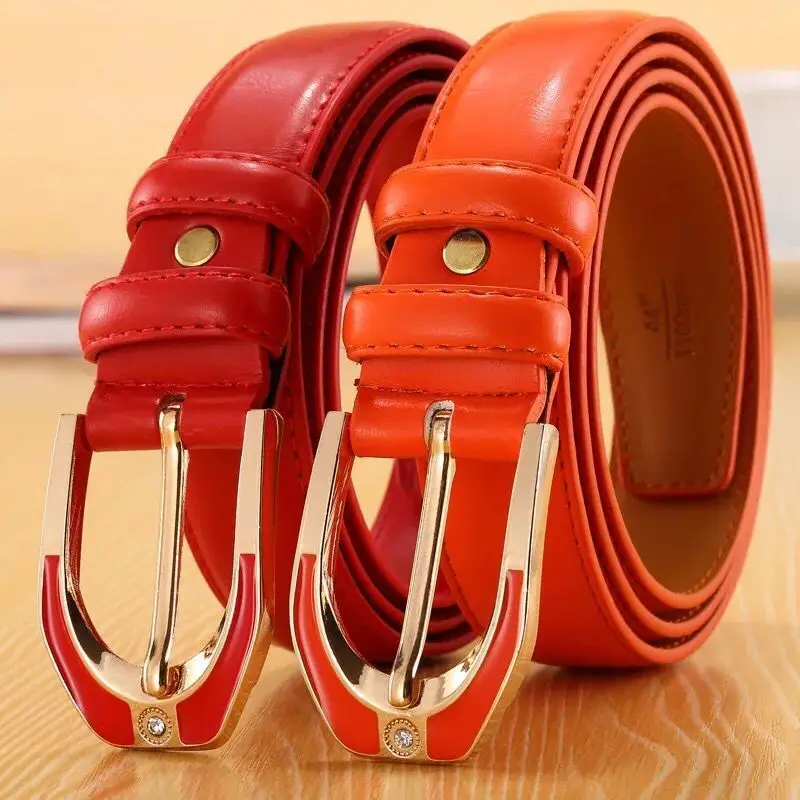 Women's Candy Color Leather Belt with Gold Buckle
