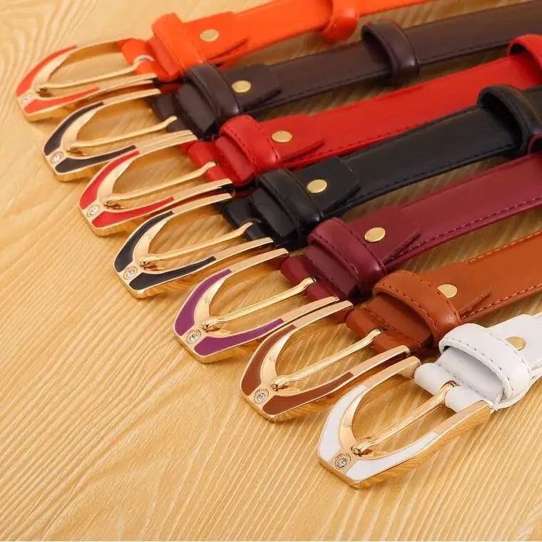 Women's Candy Color Leather Belt with Gold Buckle