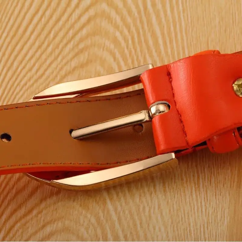 Women's Candy Color Leather Belt with Gold Buckle