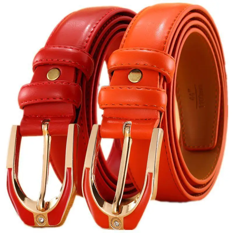 Women's Candy Color Leather Belt with Gold Buckle