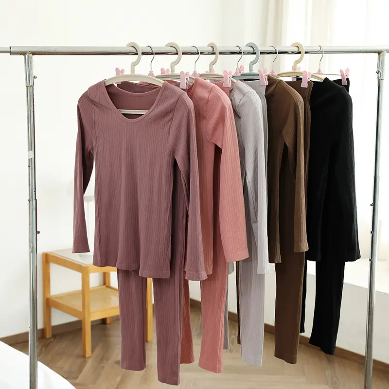Women Ribbed Warm Suit Set Purple Winter Seamless