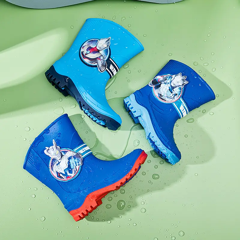Children's Blue Rain Boots with Cat Design, Non-Slip Sole, Lightweight