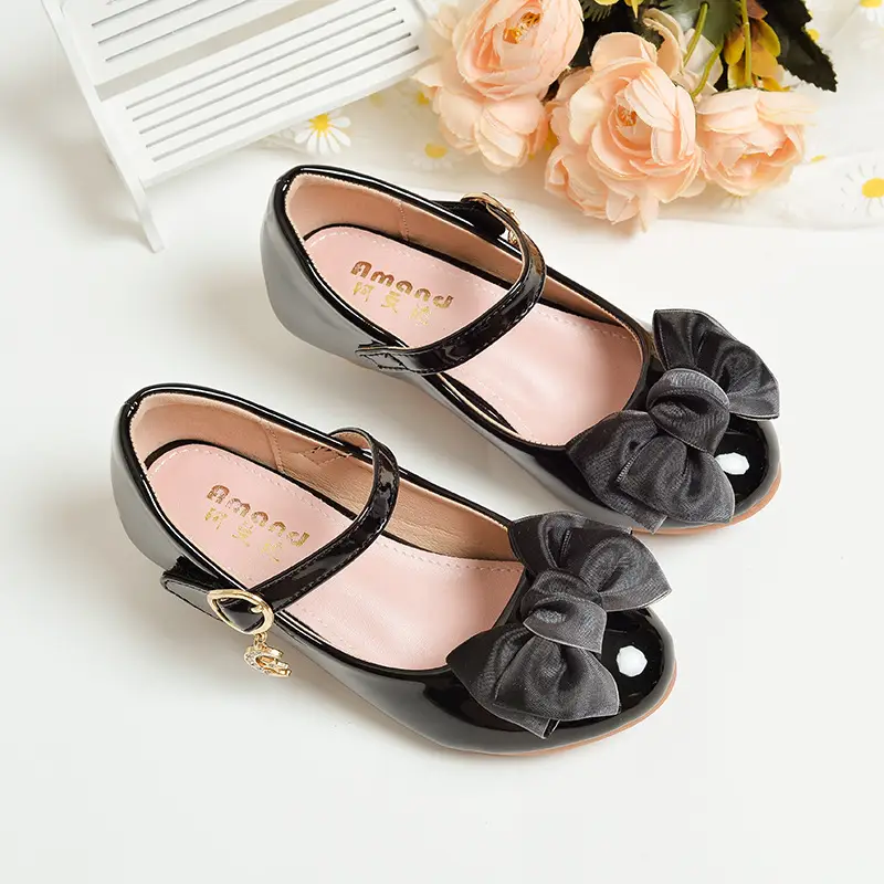 Princess Bow Locket Shoes for Girls Black Leather