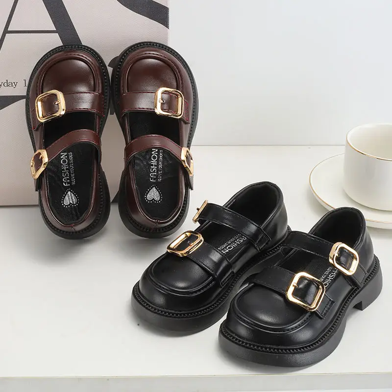 British Style Leather Shoes for Girls Black Gold Buckles