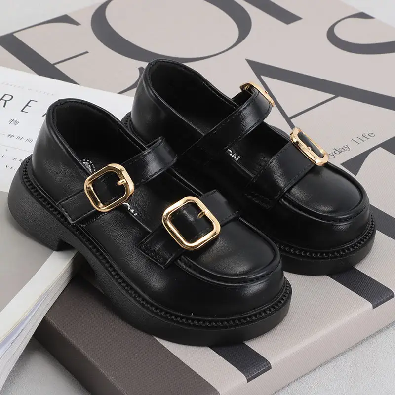British Style Leather Shoes for Girls Black Gold Buckles